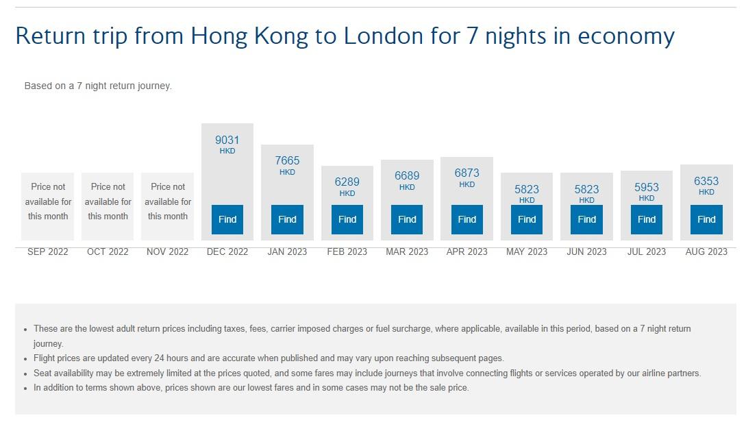 據英航網頁顯示,12月將恢復往來港英直航航班。(英航網頁截圖)