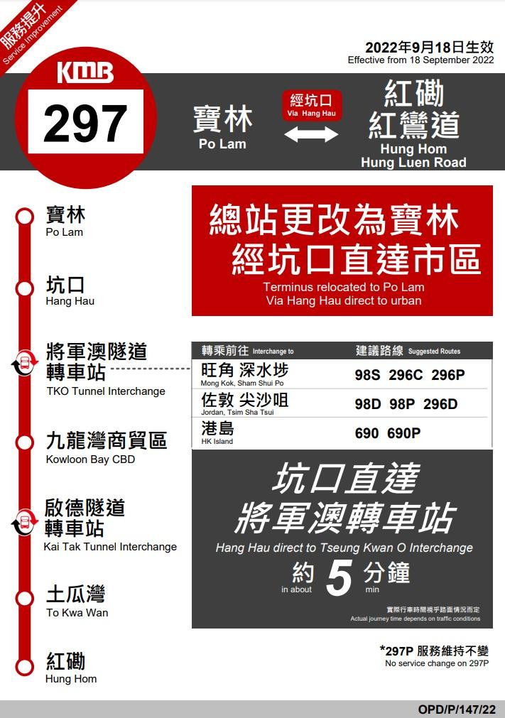 九巴297線改動詳情單張。