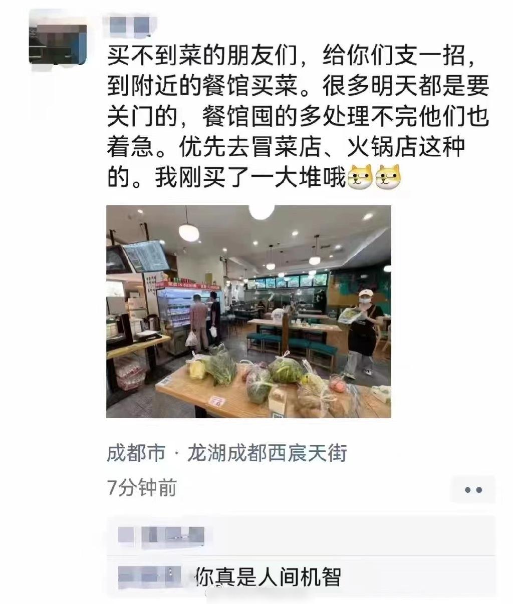 有成都民眾指,買不到菜可以去食肆碰運氣。(互聯網)