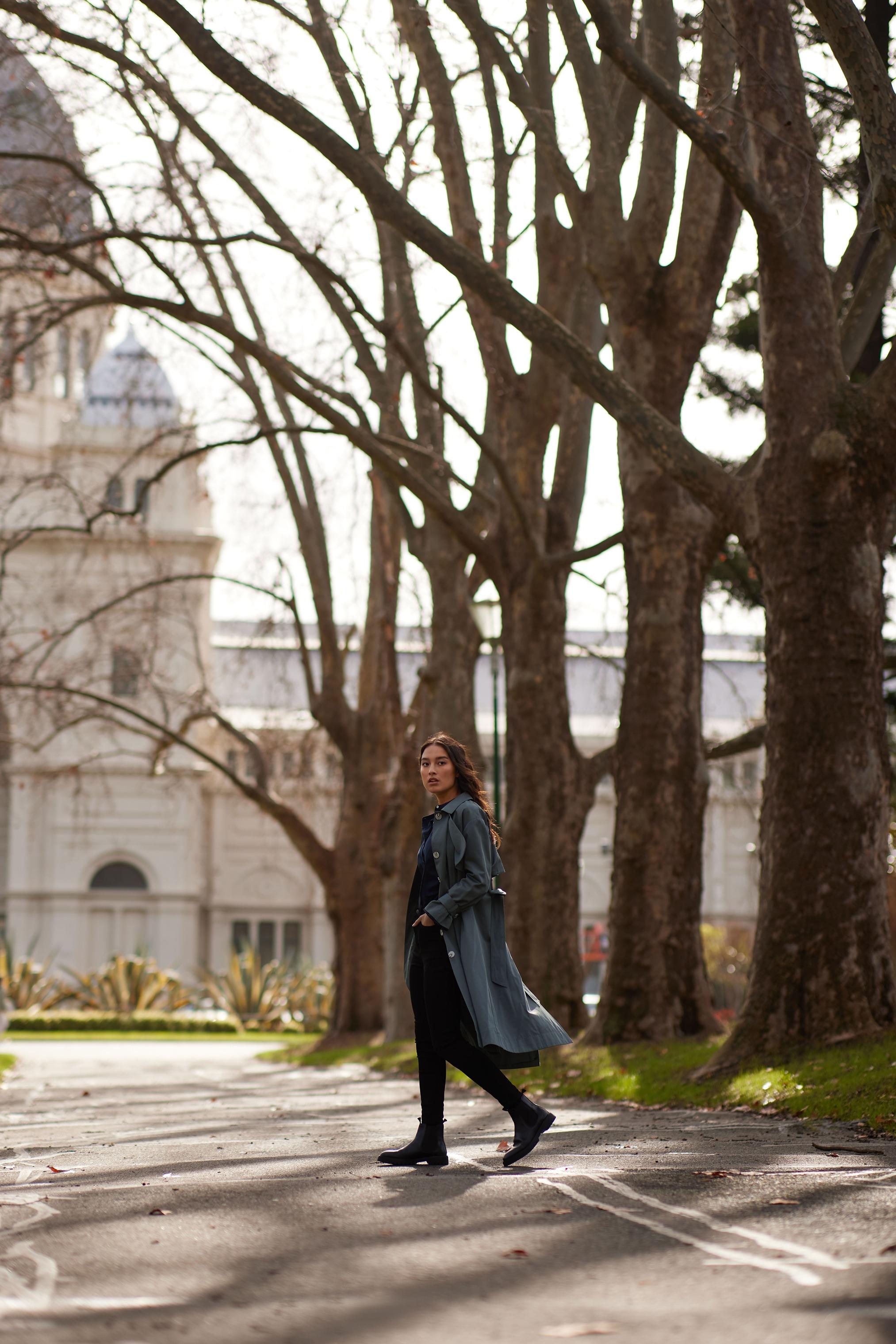 Ivonne Twill A-line Midi Trench Coat $649 Nadelyn Skinny Stretch Jeans $369