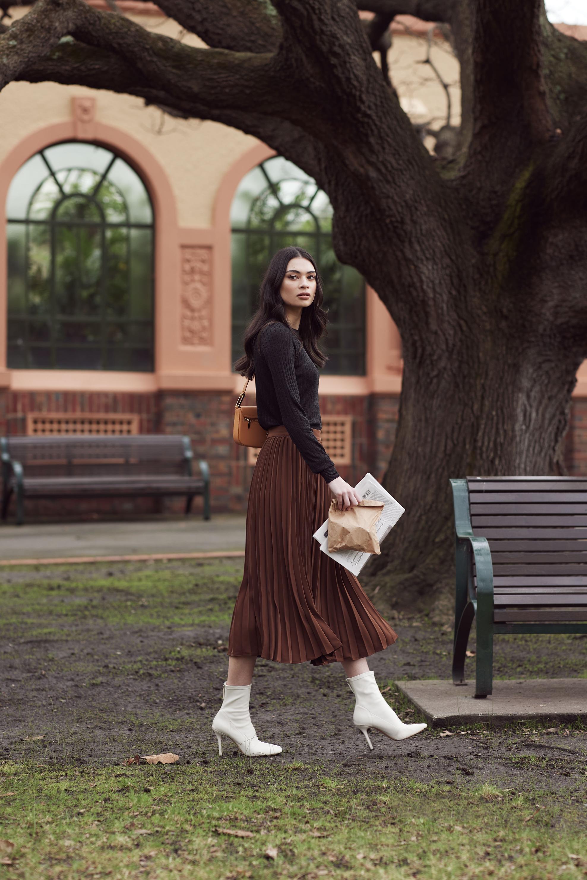 Wiley Lurex Glitter Ribbed Knit Top $299 Zarielle Sunray Pleated Skirt $409