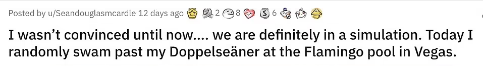 麥克阿德爾指在泳池遇上「另一個自己」。(互聯網)