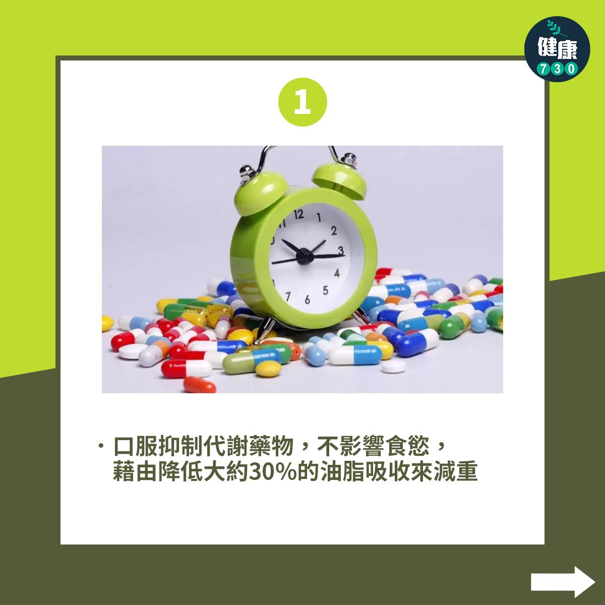 口服抑制代謝藥物,不影響食慾,藉由降低大約30%的油脂吸收來減重