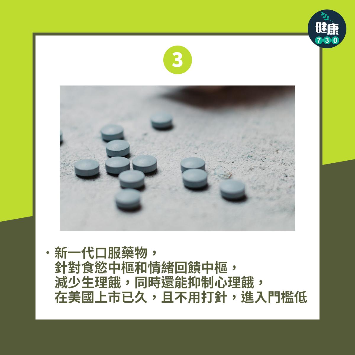 新一代口服藥物,針對食慾中樞和情緒回饋中樞,減少生理餓,同時還能抑制心理餓,在美國上市已久,且不用打針,進入門檻低