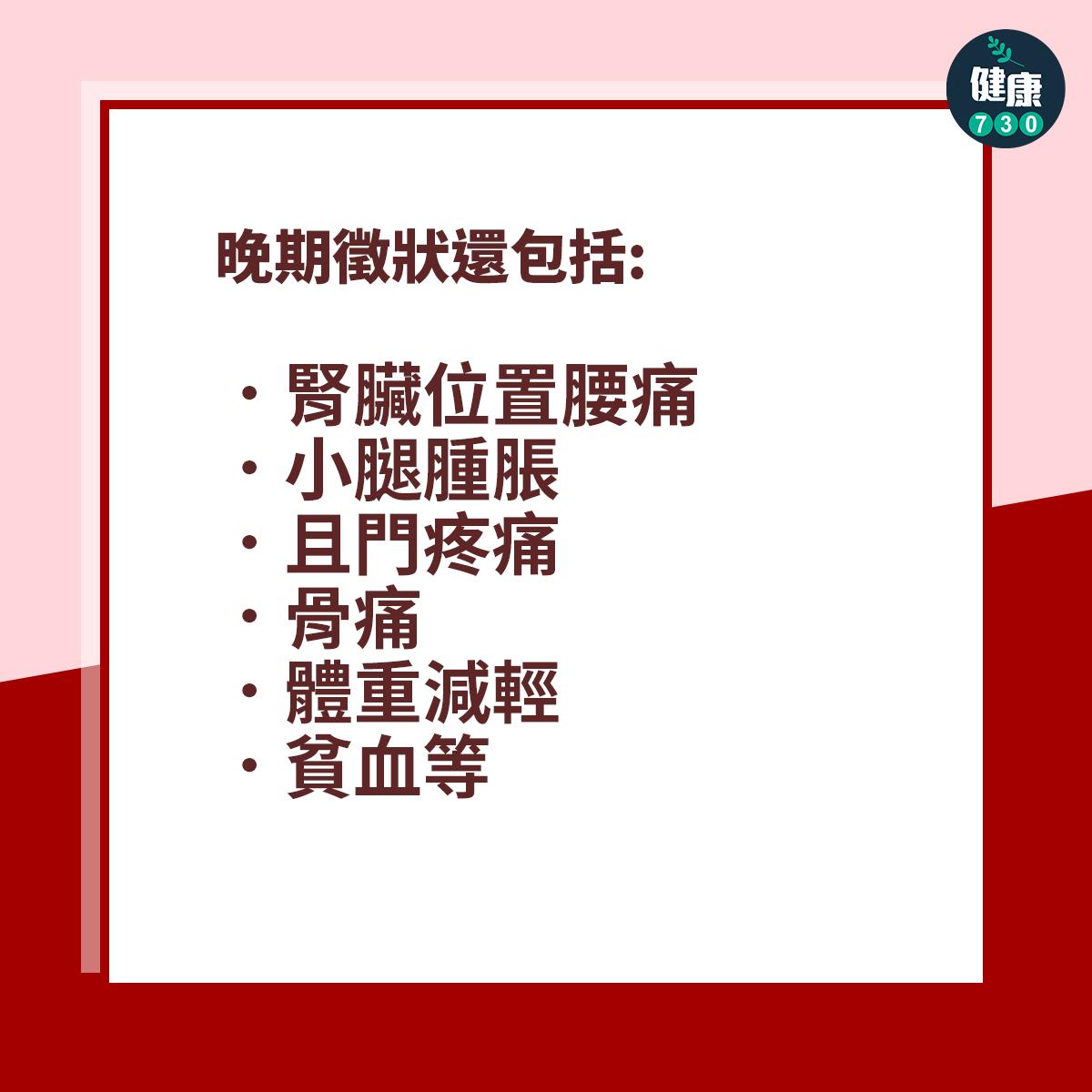 晚期徵狀還包括腎臟位置腰痛、小腿腫脹、且門疼痛、骨痛、體重減輕、貧血等