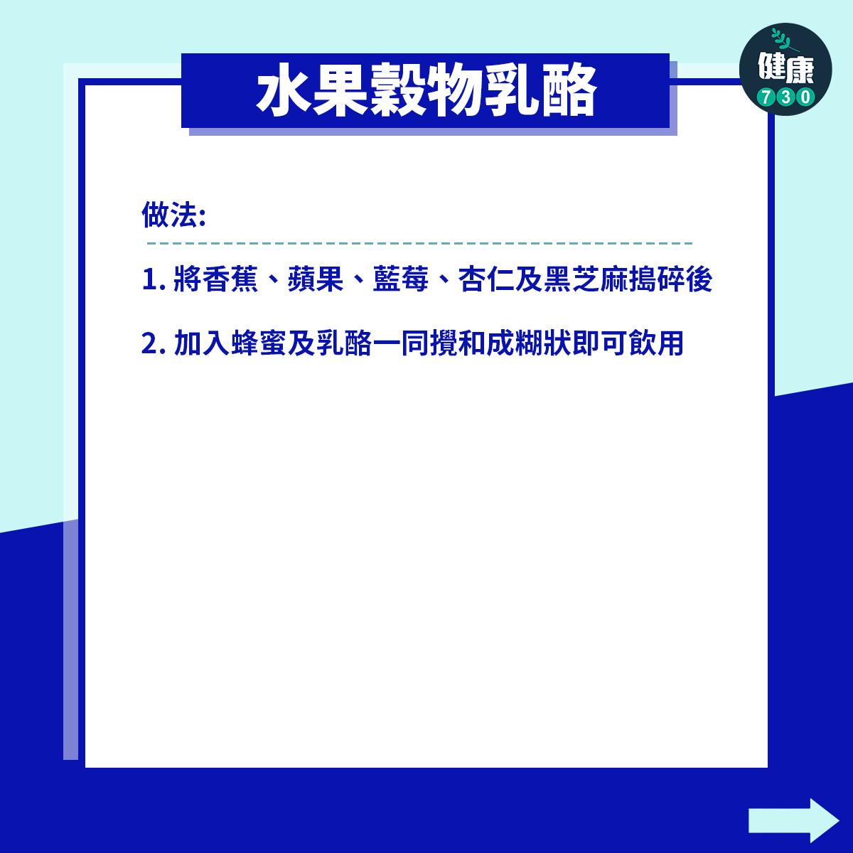 做法:將香蕉、蘋果、藍莓、杏仁及黑芝麻搗碎後,加入蜂蜜及乳酪一同攪和成糊狀即可飲用。