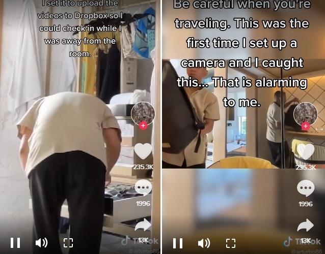 房務員打開櫃桶查看(左),又摷客人的背囊(右)。(互聯網)