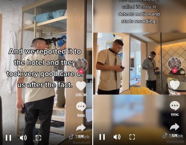 房務員查看衣櫃(左),又把玩太陽眼鏡盒(右)。(互聯網)