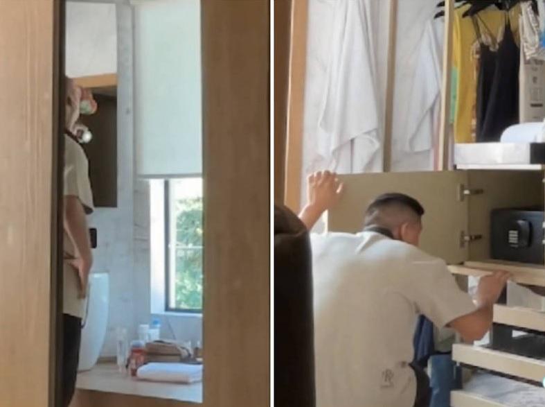 房務員偷飲啤酒(左),查看夾萬(右)。(互聯網)