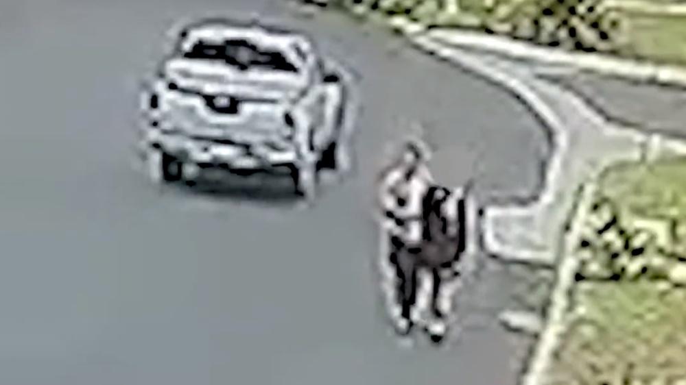 疑犯沿著公園外圍行走,一手搭在一名少女的肩膀上,一手環繞著她。警方表示,疑犯當時身上持有武器,後來在公廁中性侵得逞。(Twitter)