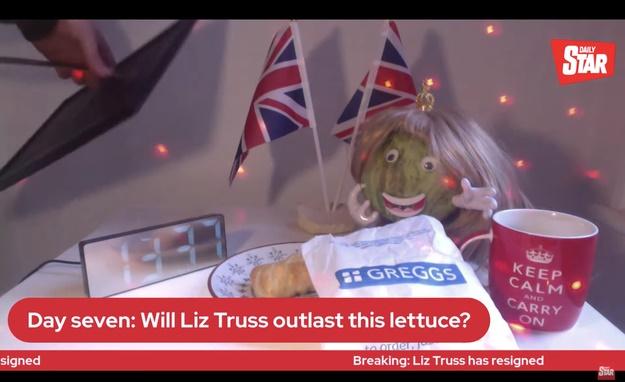 工作人員將一頂塑膠製的金色王冠戴在已經稍微變褐色的西生菜上,把卓慧思照片移開。(YouTube)