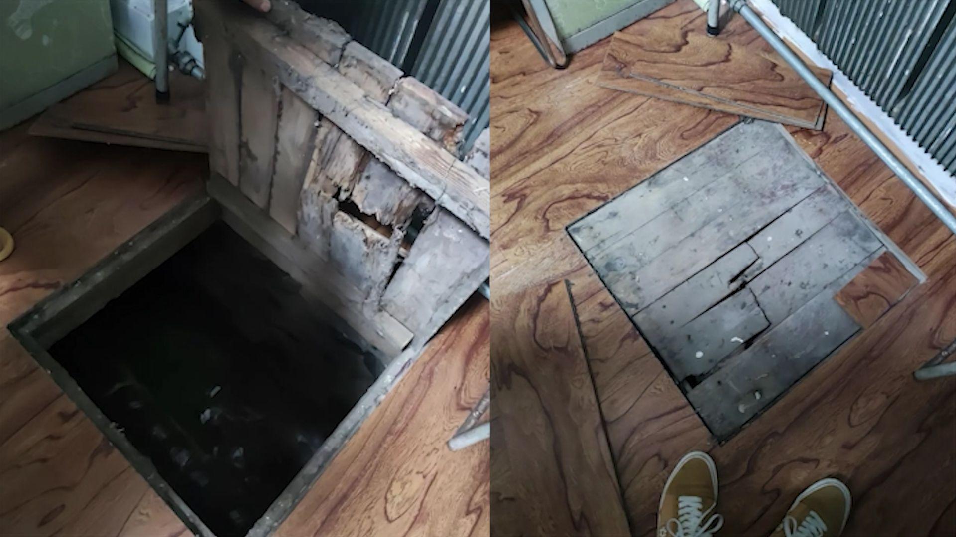 涉事大學生發現宿舍內地板不平,結果地板可以輕易移開,底下更是一個神秘地道。(互聯網)