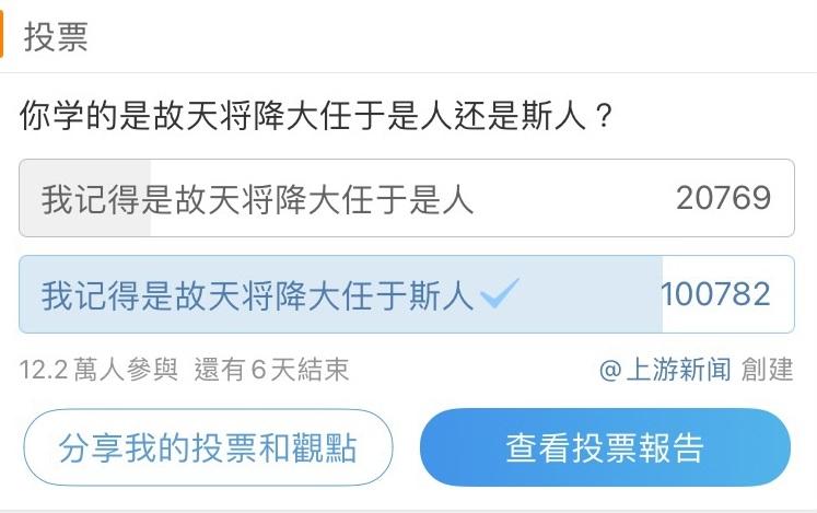 上游新聞網絡投票顯示,逾12萬人當中,有超過10萬人認為是「斯人也」。(上游新聞微博)