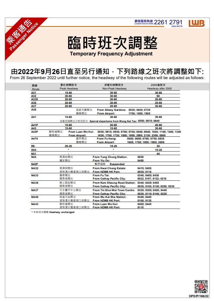 龍運巴士在「0+3」實施後,旗下部分路線有臨時班次調整。