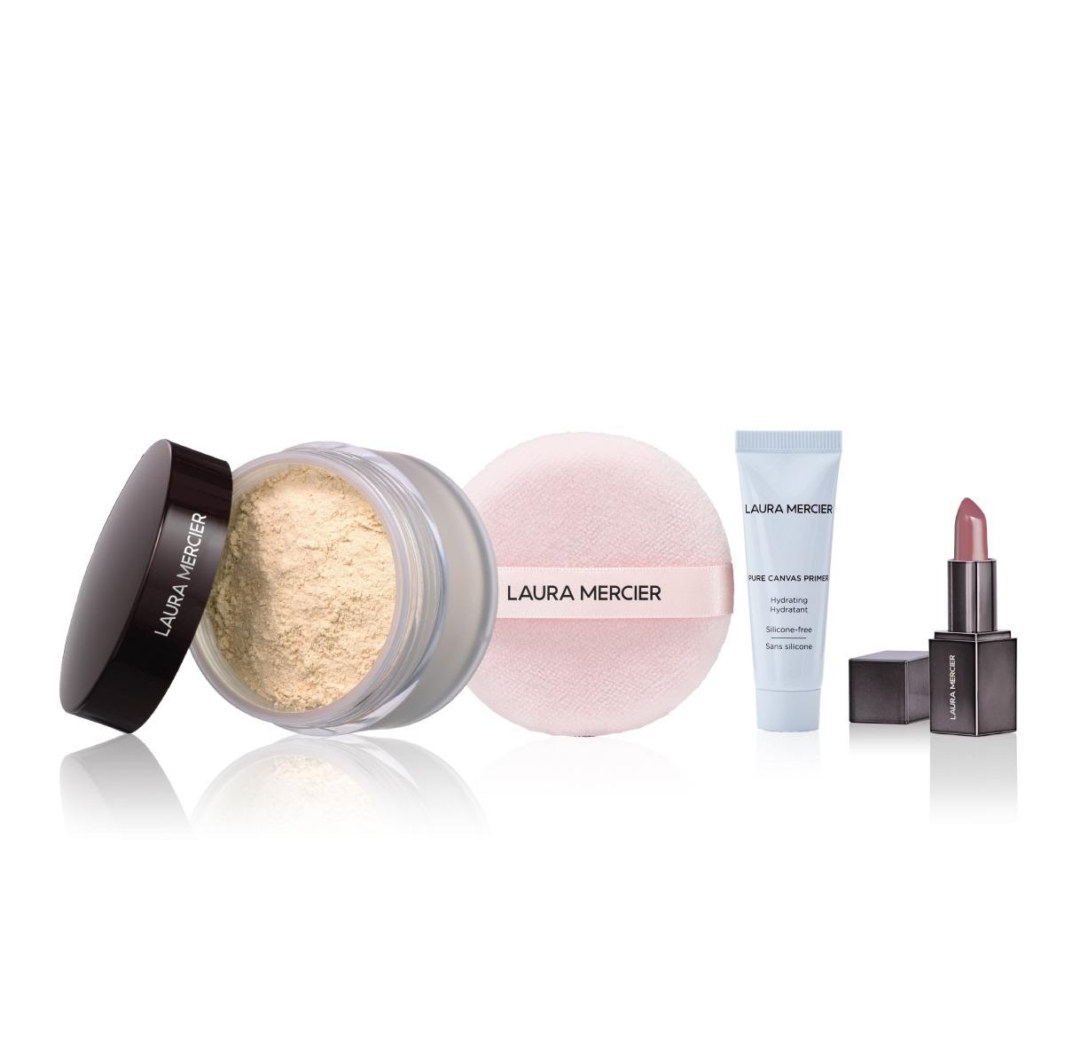 LAURA MERCIER No.1 皇牌柔光蜜粉套裝 $370 (價值$725) •柔光透明蜜粉 (貨裝) •天鵝絨粉撲(貨裝) •極致持久水凝潤澤妝前底霜 10ml •迷你極致絲滑唇膏 (只限於2022年10月27日於銅鑼灣店發售)