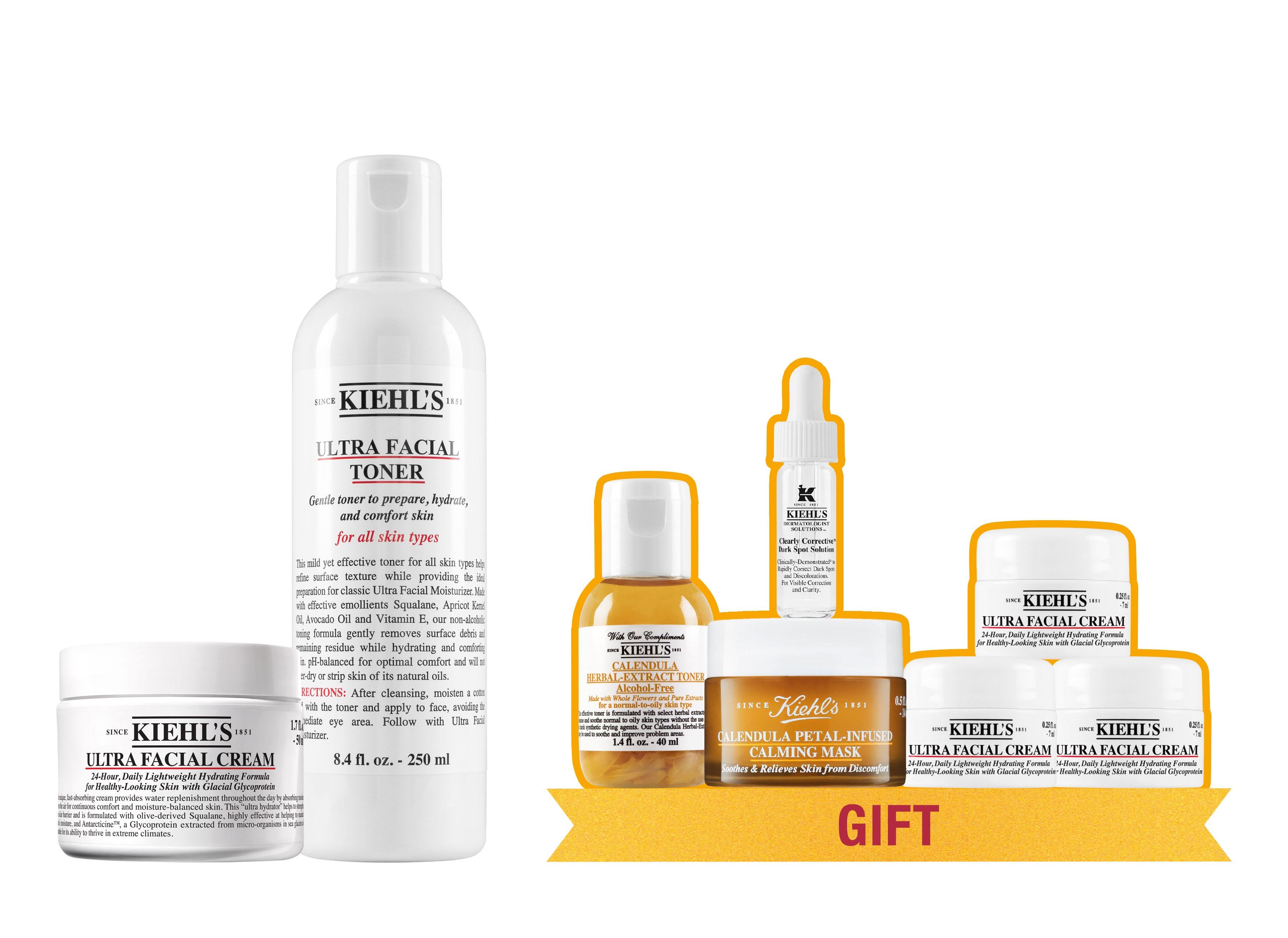 Kiehl’s 特效保濕套裝 $615 (價值$954) •特效保濕乳霜 (50ml) •特效保濕爽膚水 (250ml) •金盞花植物精華爽膚水 (40ml) •醫學維C淡斑精華 (4ml) •金盞花蘆薈鎮靜保濕凍膜 (14ml) •特效保濕乳霜 (7ml) x 3