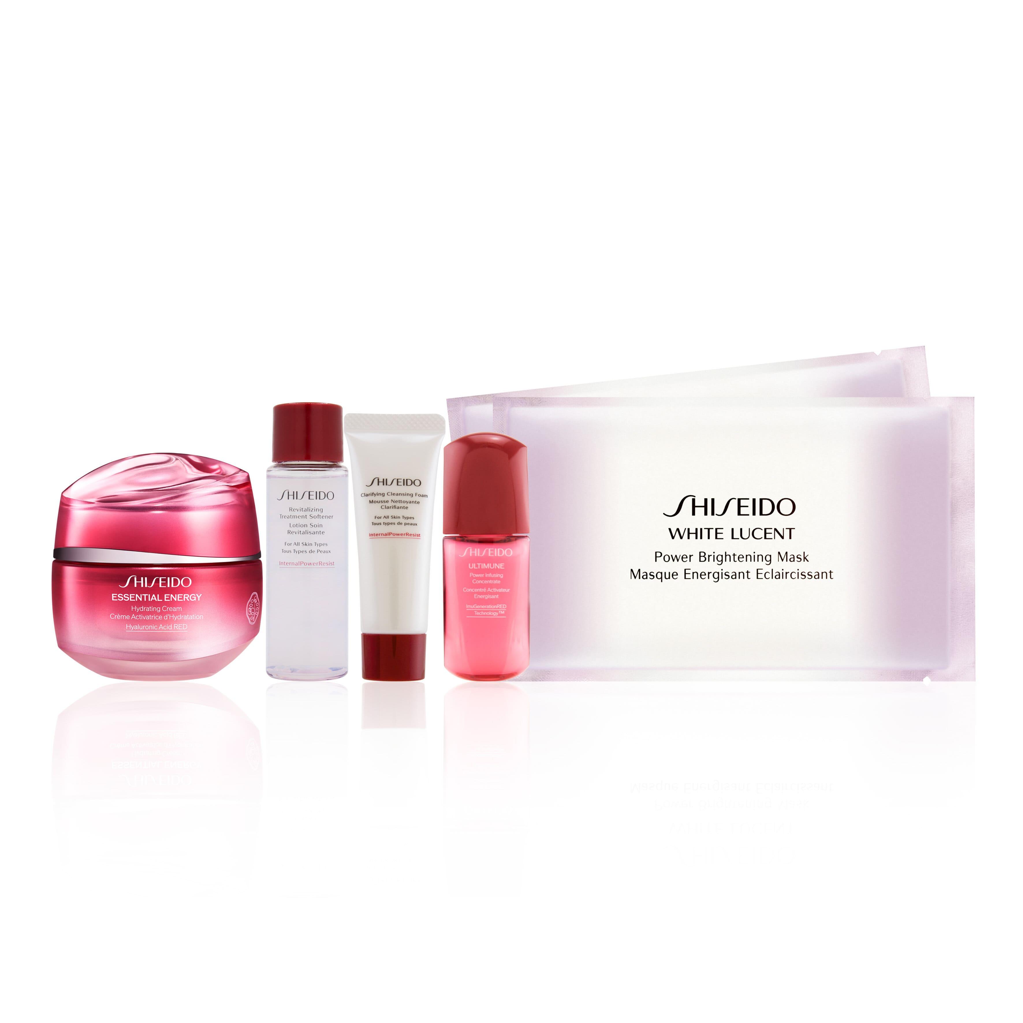 SHISEIDO ESSENTIAL ENERGY肌源補水乳霜組合 $520 (價值$1,100) .ESSENTIAL ENERGY肌源補水乳霜50ml .ULTIMUNE新升級紅妍肌活免疫再生精華10ml .WHITE LUCENT激亮淨白面膜2片 .活膚補濕防禦健膚水30ml .淨肌防禦潔面泡沫15ml (尖沙咀店10月29日一日限定)