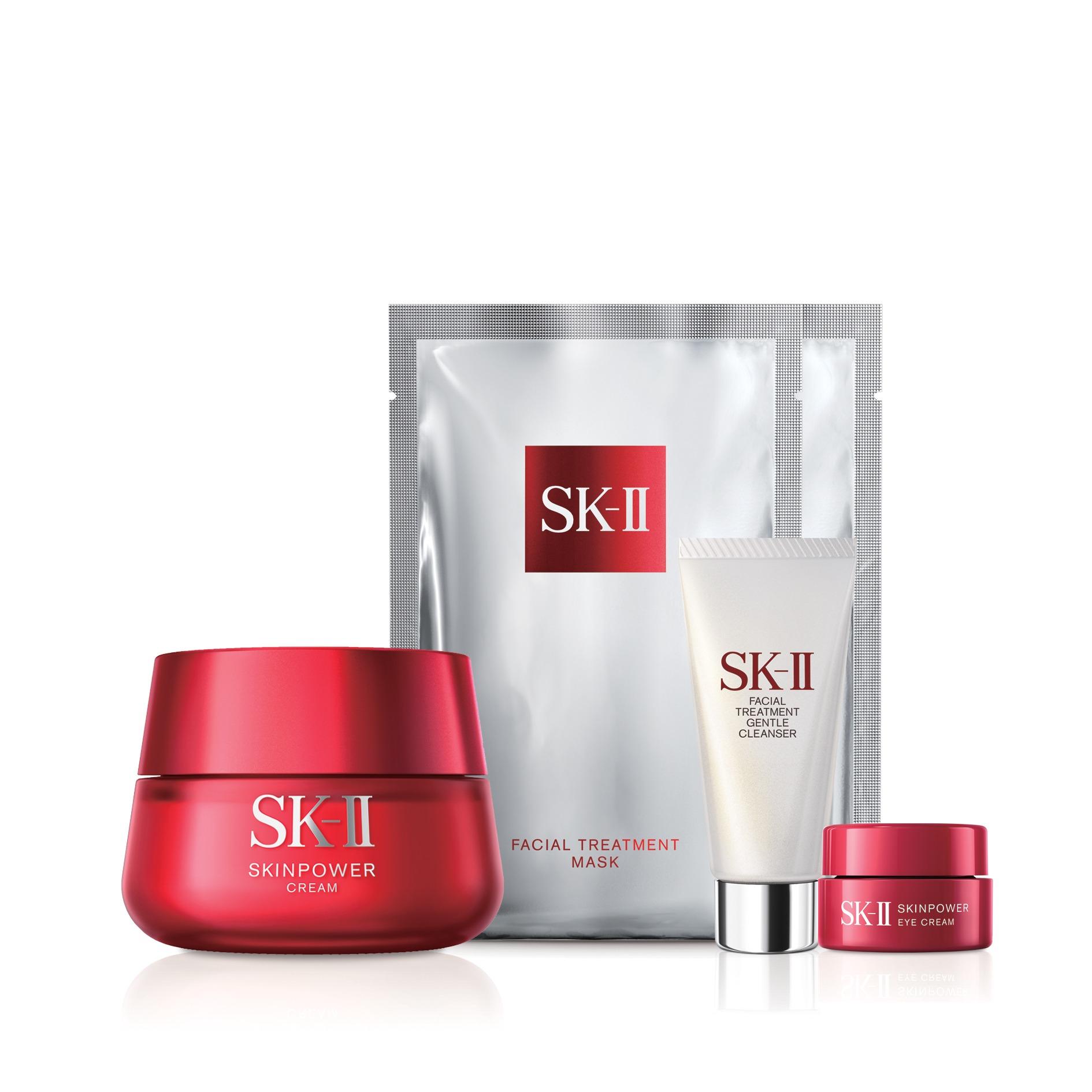 SK-II SKINPOWER 能量精華霜套裝 $1,350(價值$1,810) .SKINPOWER 能量精華霜80g (貨裝) .護膚面膜2 片 .淨肌護膚潔面乳 20g .SKINPOWER 能量眼霜 2.5g