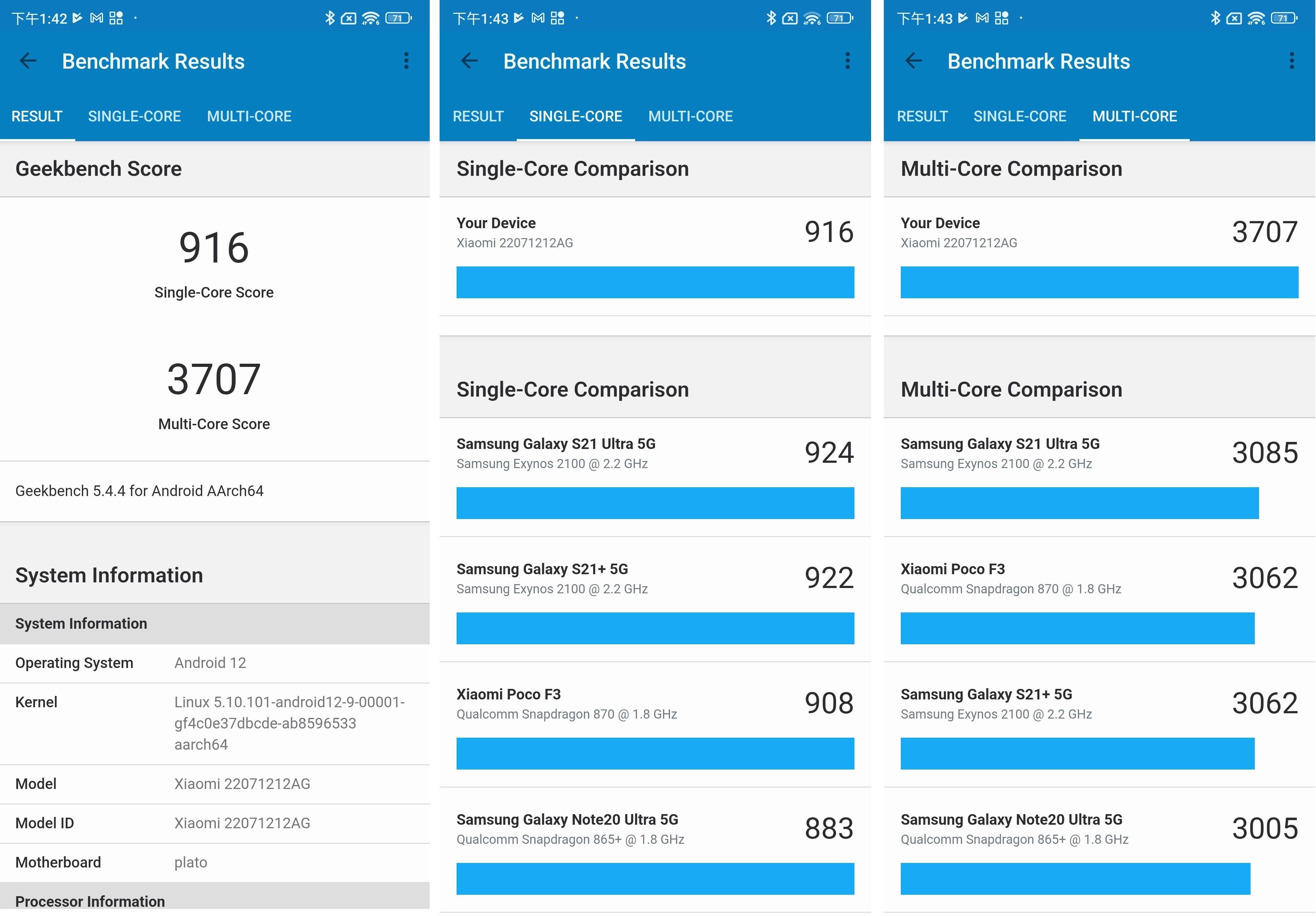 用《Geekbench 5》為12T整體性能跑分,單核心有916分;雙核心有3,707分。即係點?12T單核心性能媲美Samsung Galaxy S21 Ultra,雙核心表現更完勝Samsung!