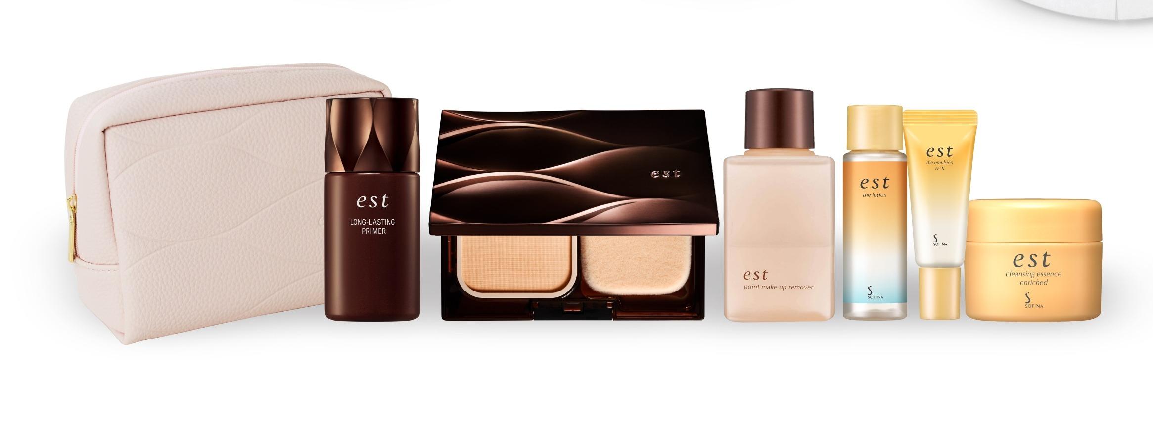 est 透亮隱形粉餅套裝 $$880 (價值$1,450) 6折 •持妝控油妝前乳 25ml  •透亮隱形粉餅 9g •透亮隱形粉餅盒 1個 •雙層眼唇卸妝液 120ml •透潤保濕美白乳液 13g •透潤保濕化妝水 30ml  •潤膚卸妝啫喱 (瓶裝) 28g •化妝袋