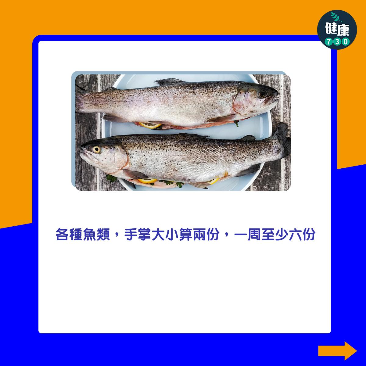 各種魚類,手掌大小算兩份,一周至少六份