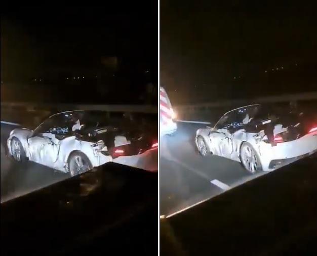 網民拍到行駛中的保時捷上有一具無頭屍。(互聯網)