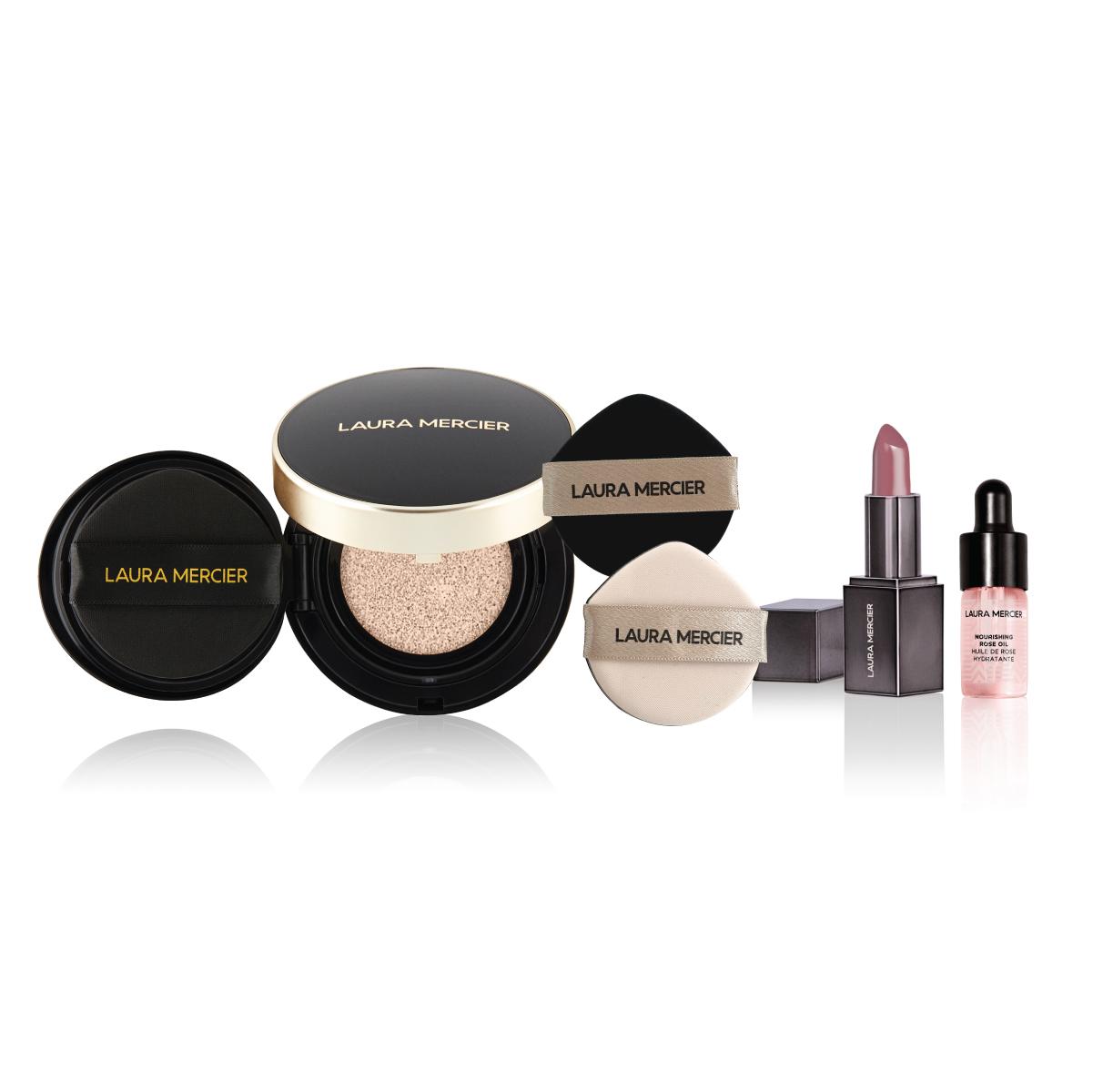 Laura Mercier【買1享5】63折 輕奢鑽光氣墊粉底套裝 $450 (價值$720) .極致持久鑽光氣墊粉底 (貨裝) .極致持久活膚精華妝前底霜 - 3ml .迷你極致絲滑唇膏 .氣墊粉撲 x 2