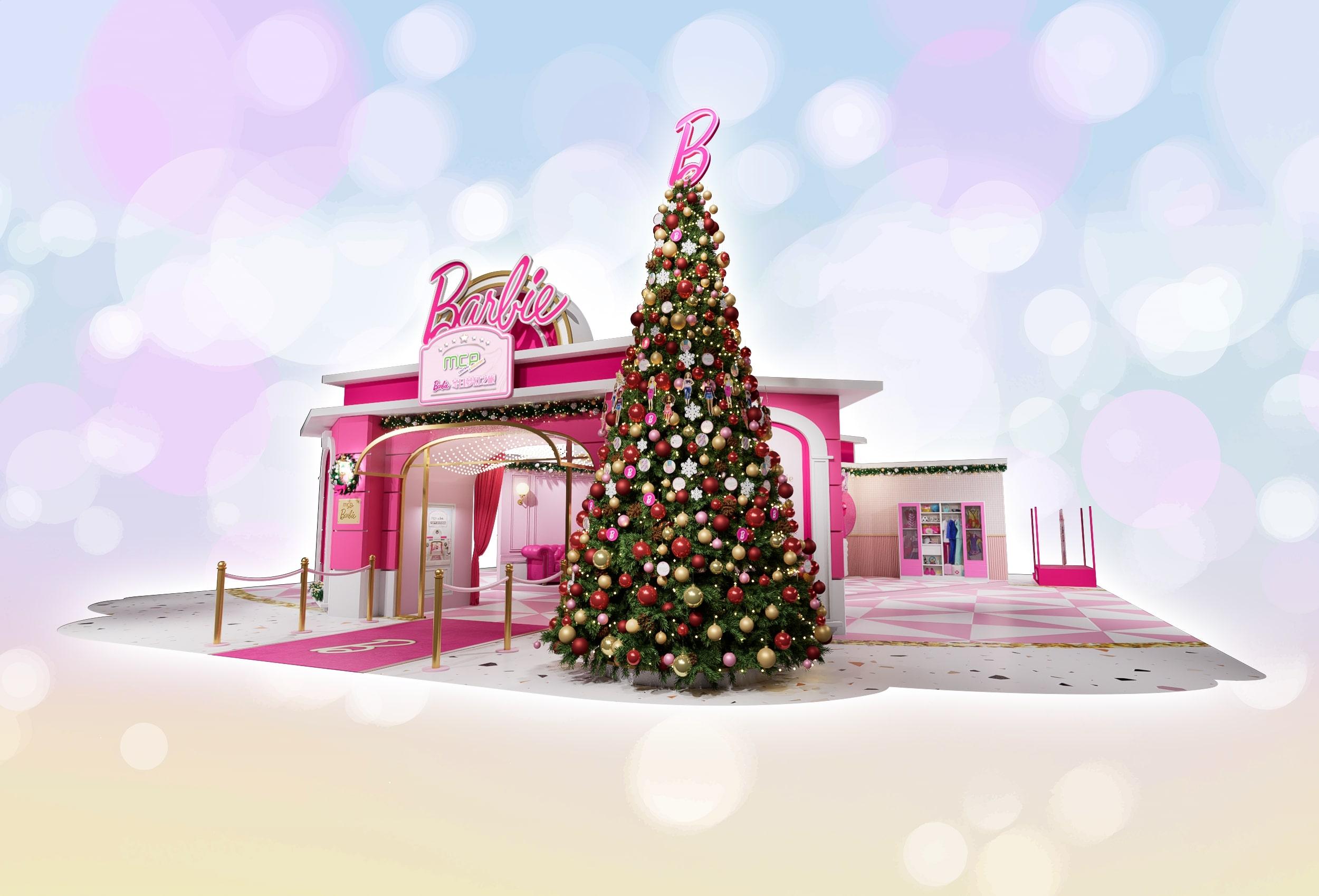 近6米高粉炫夢幻聖誕樹掛著Barbie公仔及衣著造型掛飾