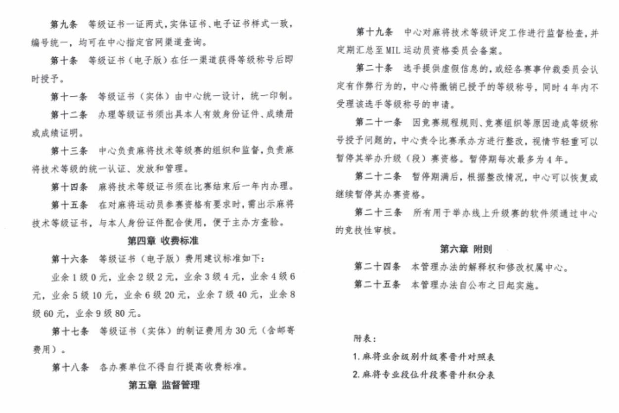 《麻將運動技術技能等級評定管理辦法》內容4。(互聯網)