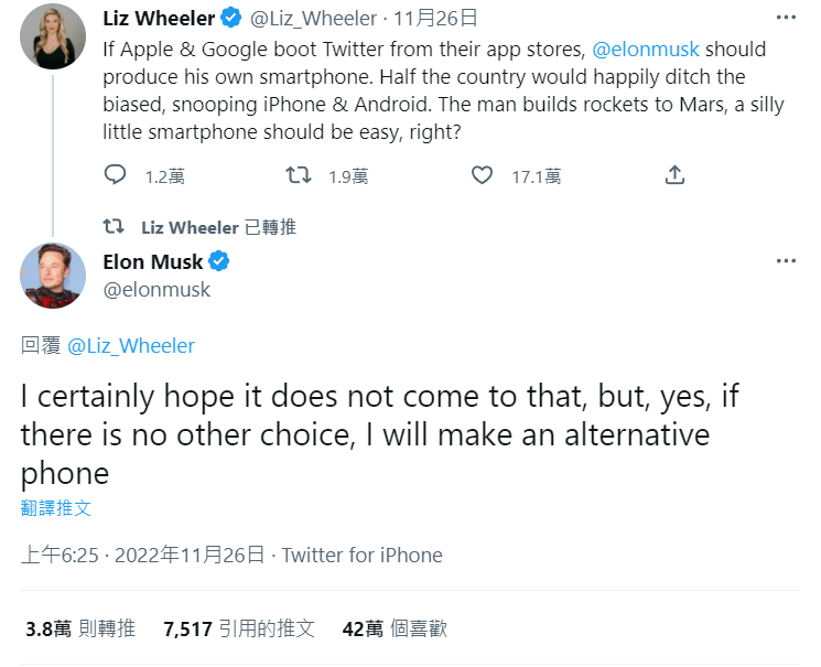 馬斯克:App Store如將Twitter下架 我會出手機迎戰
