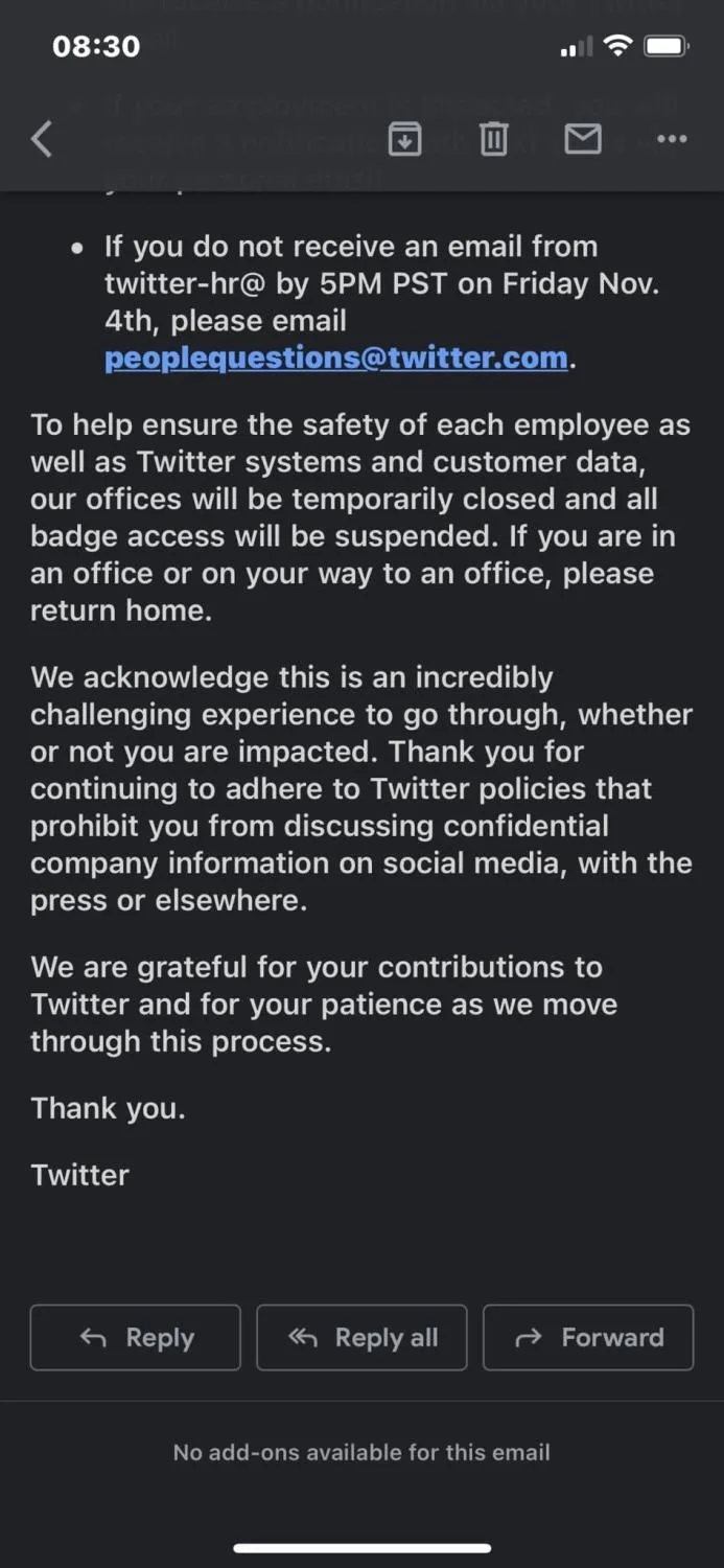 Twitter員工今日知道是否被解僱 辦公室暫時關閉所有員工證件被停