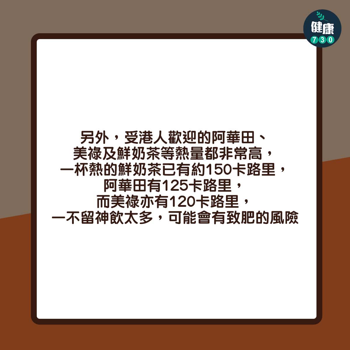 另外,受港人歡迎的阿華田、美祿及鮮奶茶等熱量都非常高,一杯熱的鮮奶茶已有約150卡路里,阿華田有125卡路里,而美祿亦有120卡路里,一不留神飲太多,可能會有致肥的風險