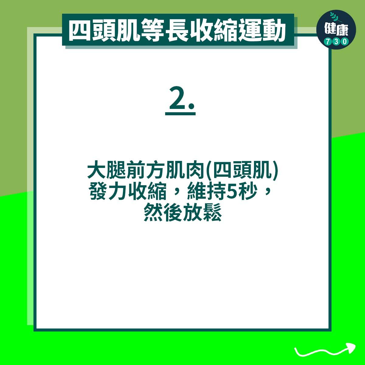 四頭肌等長收縮運動|大腿前方肌肉(四頭肌)發力收縮,維持5秒,然後放鬆