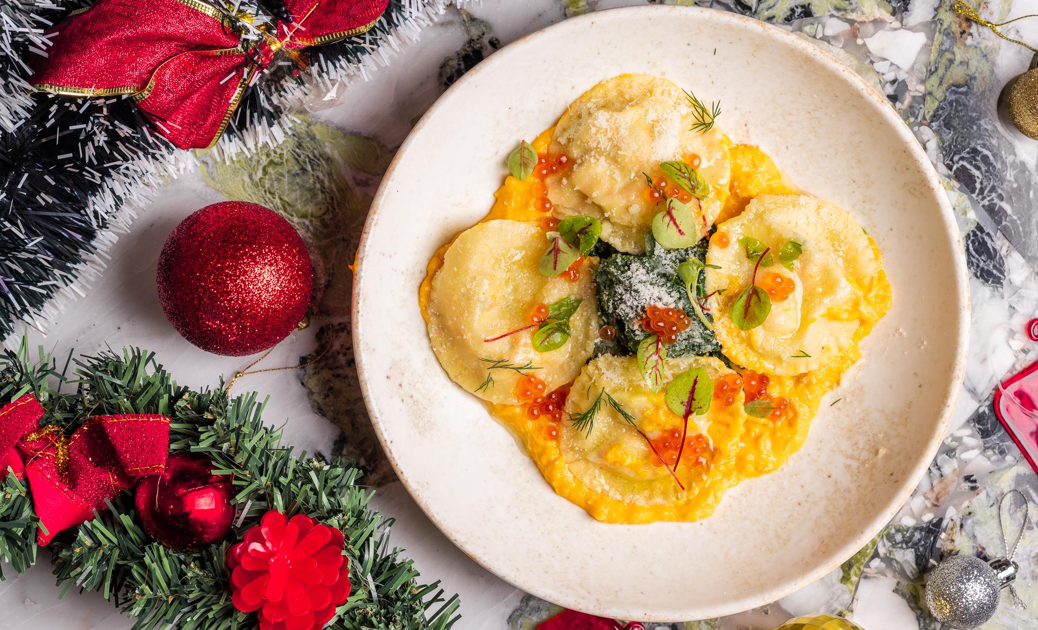 鮮蝦芝士意大利雲吞配蟹肉南瓜汁