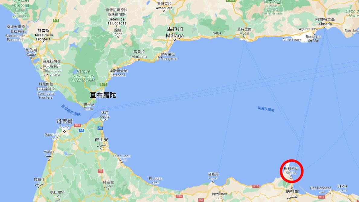 梅利利亞(紅圈位置)就是屬於西班牙的外飛地。(Google Map)