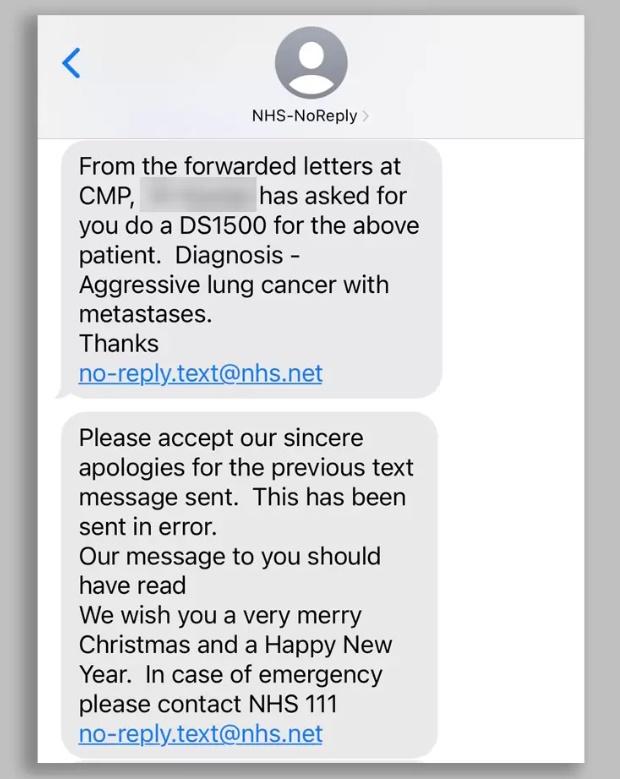 有病人丈夫指,診所在1小時內將短訊從「你患癌症」改為「聖誕快樂」,指令人不敢相信。(網上圖片)