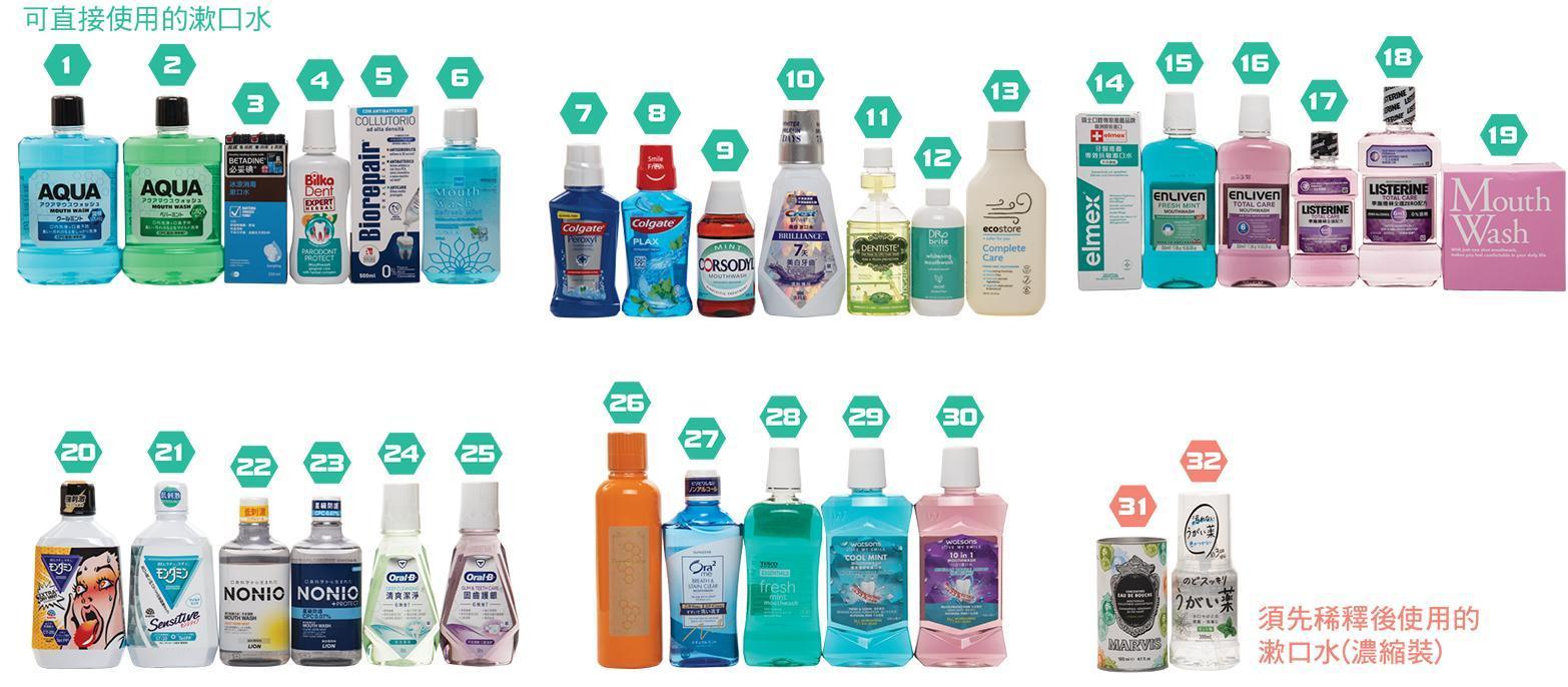消委會測試的32款市面上漱口水樣本。(消委會)