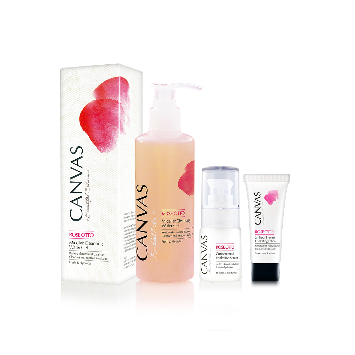 CANVAS 玫瑰免沖水潔淨套裝 $350 (原價$885) .玫瑰保濕潔面啫喱 200ml .玫瑰水漾亮澤精華 15ml .玫瑰 24 小時全效保濕乳液 10ml