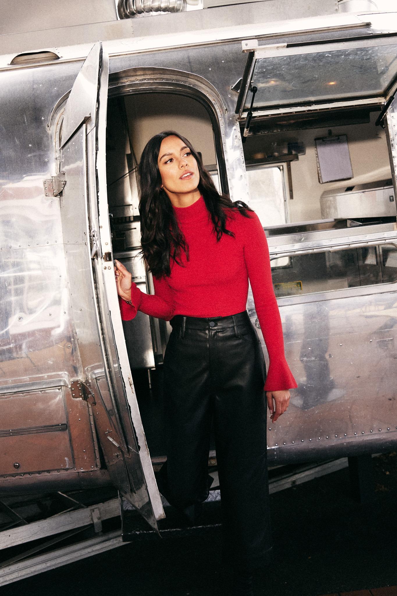 Gwyneth Trumpet Sleeve Turtleneck Knit Top_$339 &Theia Pleather Wide Leg Pants_$429