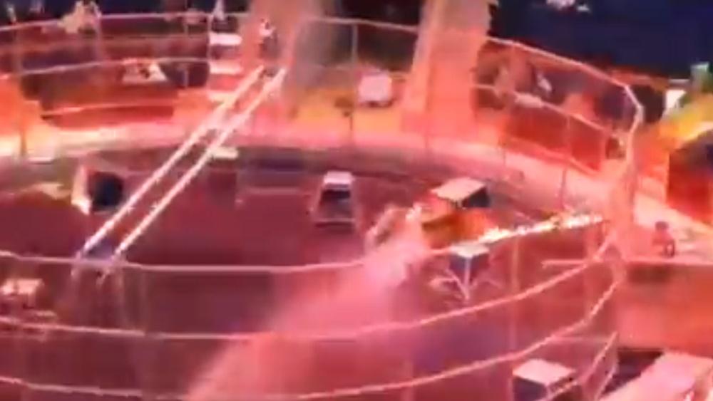 Olga Borisova見狀趕緊上前用鞭子驅趕獅子,同時工作人員用燈光、發射水炮及製造噪音等,成功嚇退攻擊人的獅子。(Twitter)