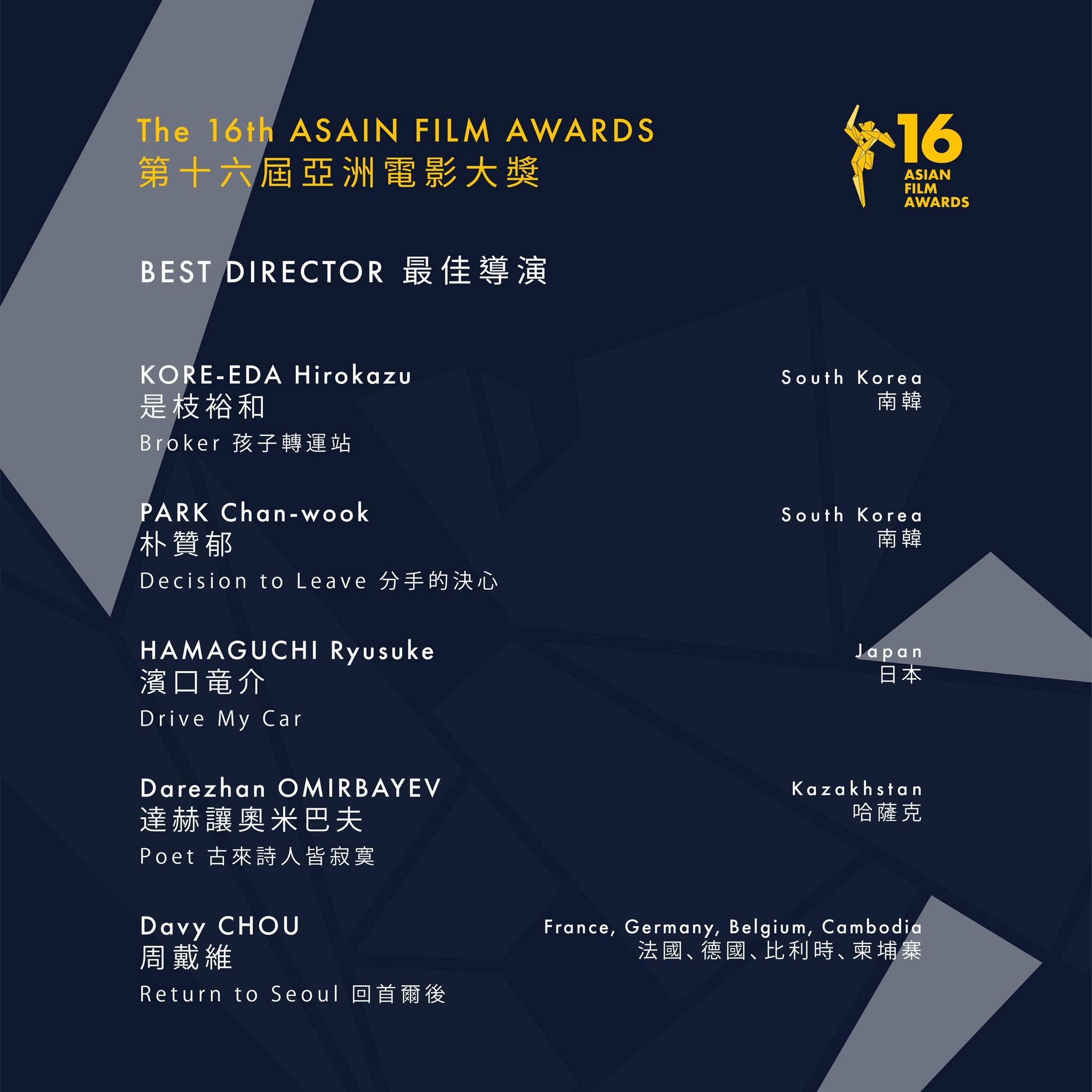 第16屆亞洲電影大獎今日公布入圍名單