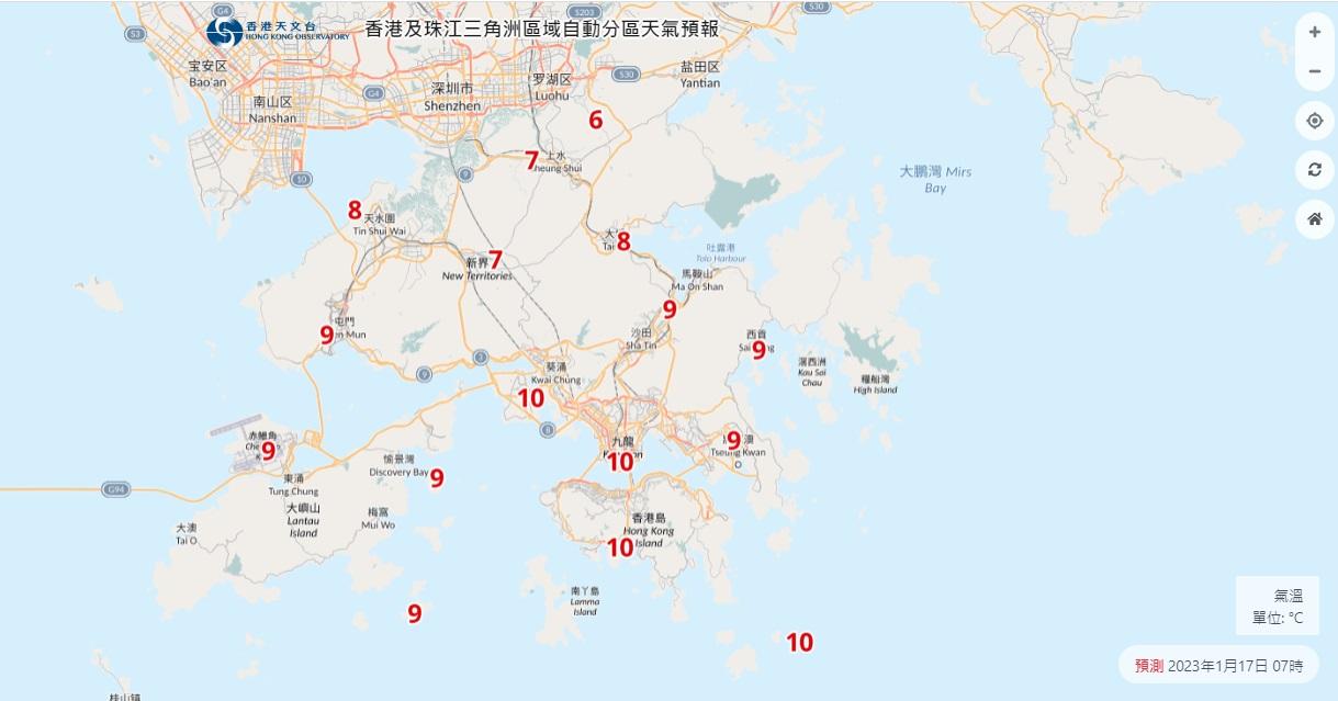 本港多個地區明早氣溫跌至10度或以下,當中打鼓嶺6度,上水及石崗只有7度。(天文台網頁截圖)