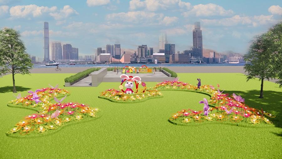 金鐘添馬公園化身奇幻花海,超過200朵巨型花卉與遊人喜迎新年。(旅發局圖)