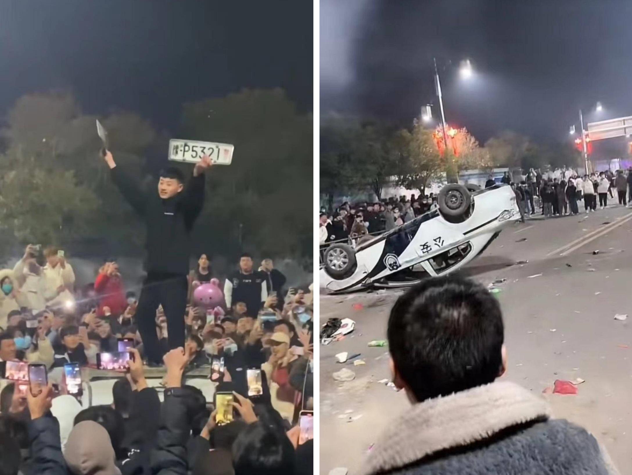 鬧事年輕人拆下警車車牌,又將警車掀翻。(互聯網)