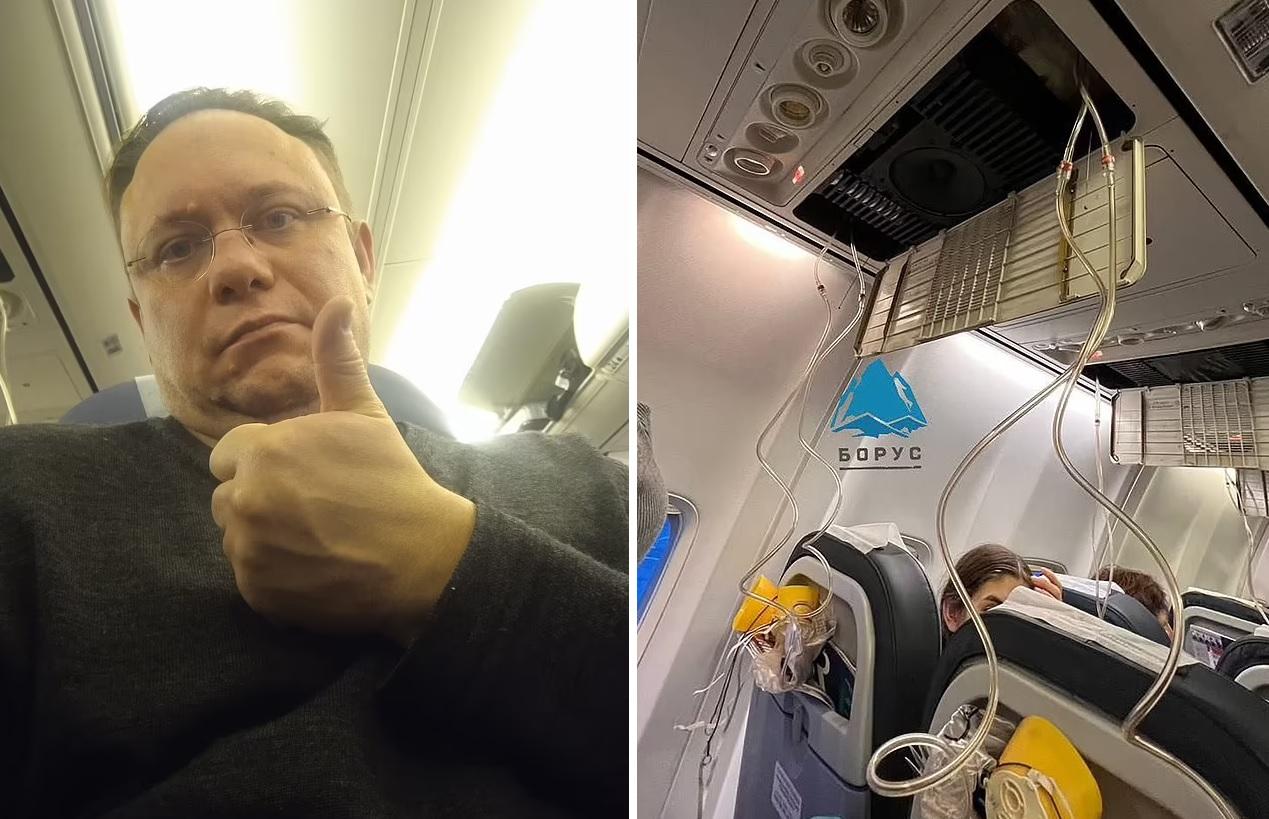 乘客Andrey Saltanov(左圖)慶祝逃過一劫。(互聯網)