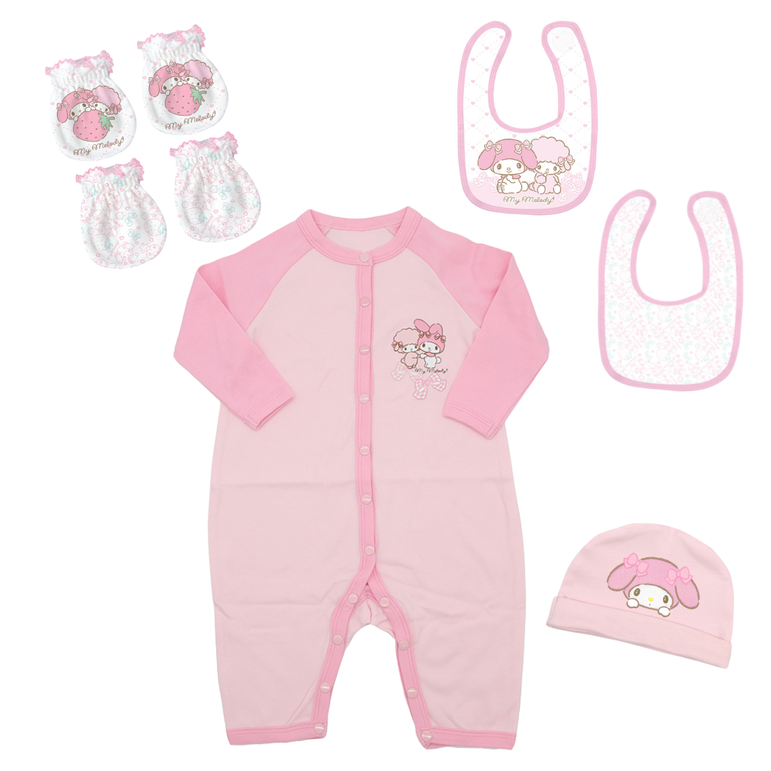 My Melody/MINNA NO TABO嬰兒禮盒套裝 (連身夾衣+帽子+口水肩2件+手套2對) │原價:$568/套 特價:$369/套