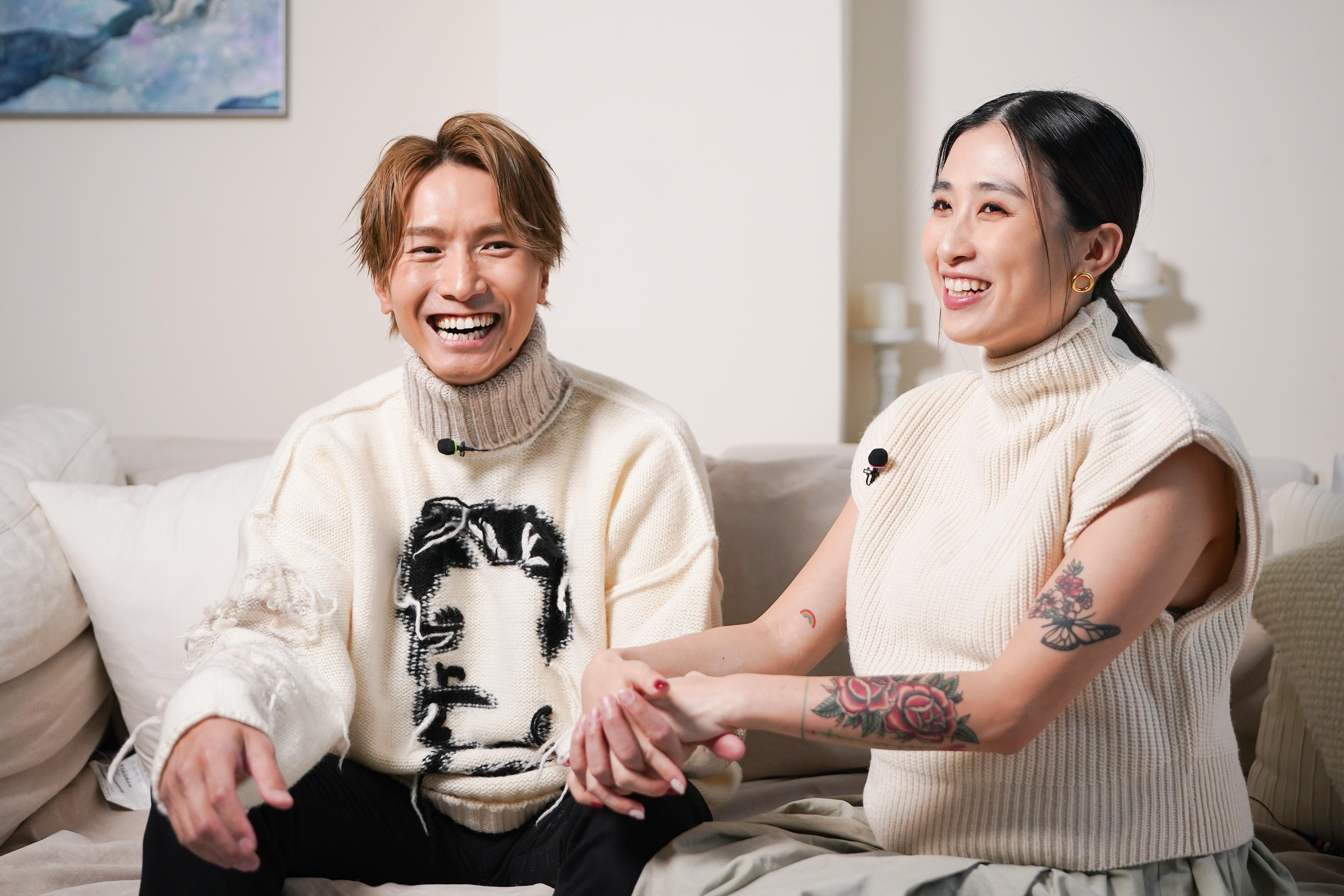 Jason與Leanne受訪時十指緊扣,sweet到爆。(李睿哲攝)