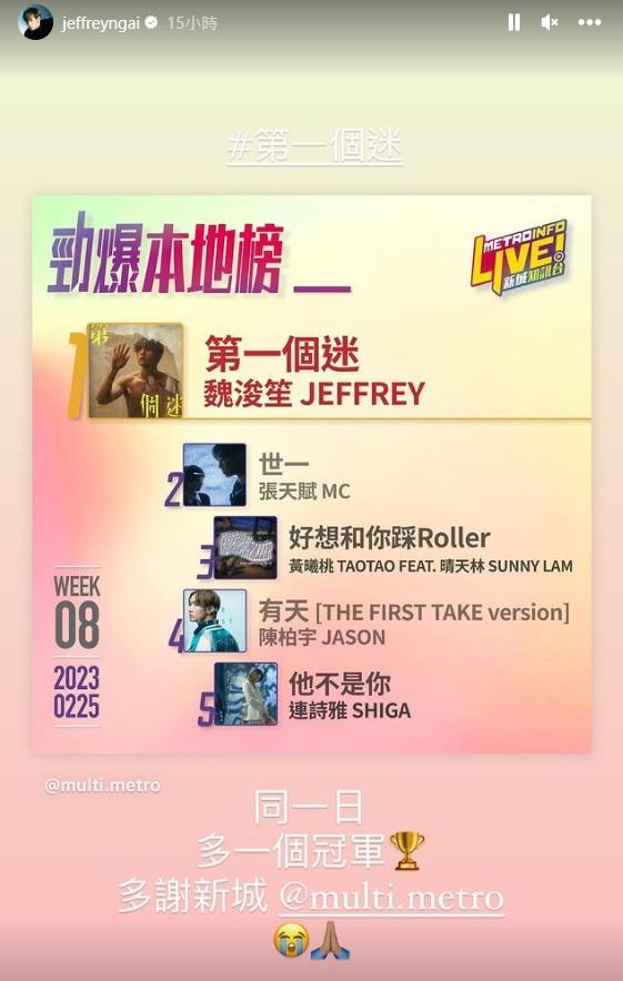 Jeffrey首支派台歌《第一個迷》獲得勁爆本地榜冠軍。(魏浚笙IG)
