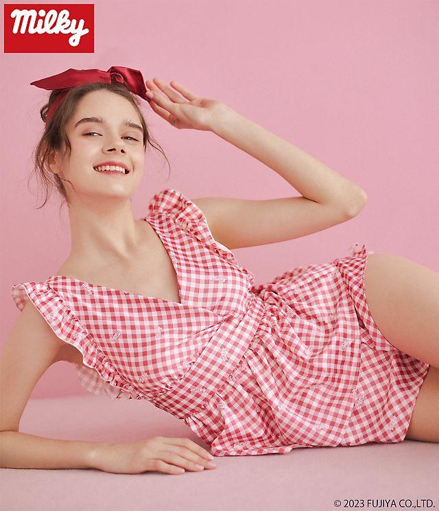 PJ x Milky Lingerie Set($400):如圍裙的設計,印有Logo的格仔,充滿活力感又可愛。