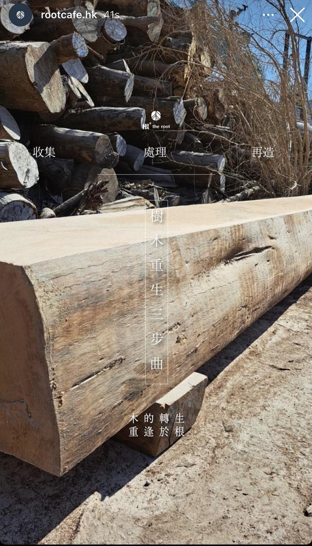 新Cafe的長木椅,取自倒下被棄置的真樹木。(IG@rootcafe.hk)